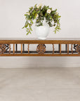 Long antique Chinese console table styled with a white vase