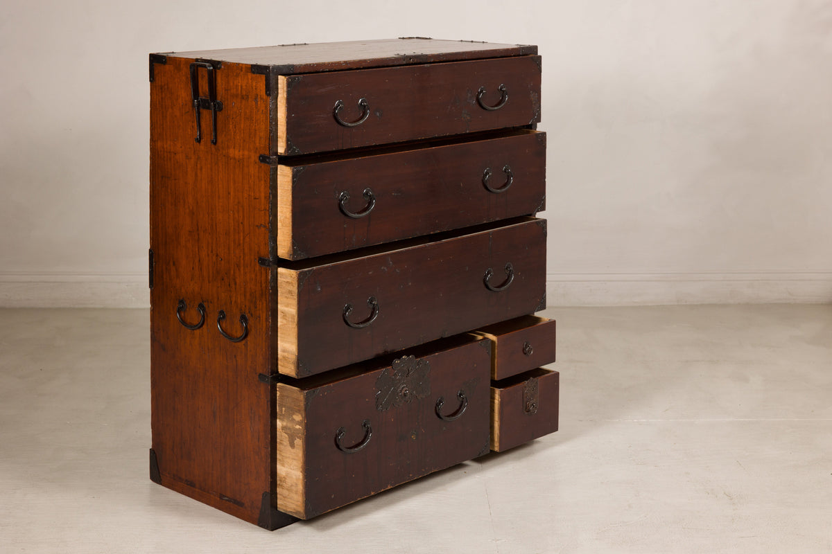 Meiji Japanese Isho-Tansu Chest with Iron Hardware, reverse view