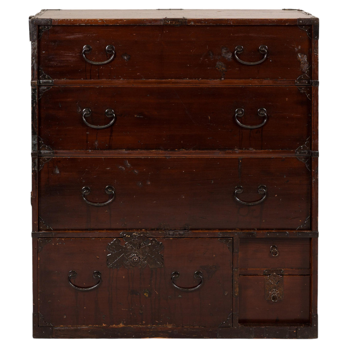 Meiji Japanese Isho-Tansu Chest with Iron Hardware, full object on a white background