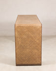End profile of the narrow waterfall console with woven rattan panel