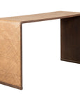 Woven rattan and dark wood waterfall console table on a white background