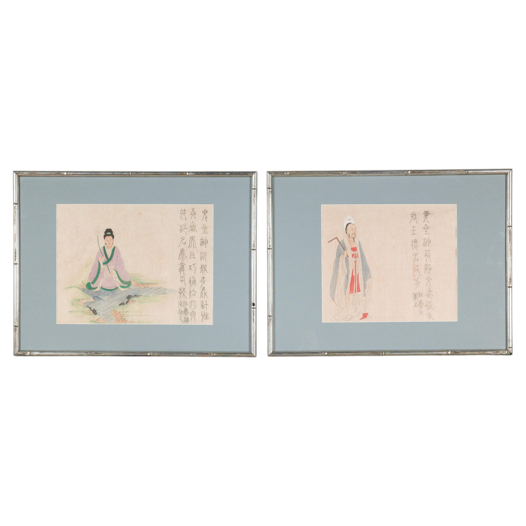 Pair of Japanese figural woodblock prints in silvered frames on a white background