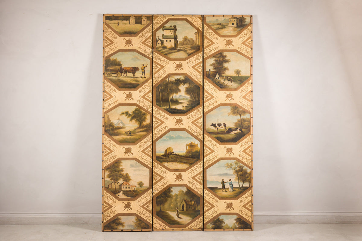 Vintage Chinese Three-Panel Painted Leather Screen, full gallery view