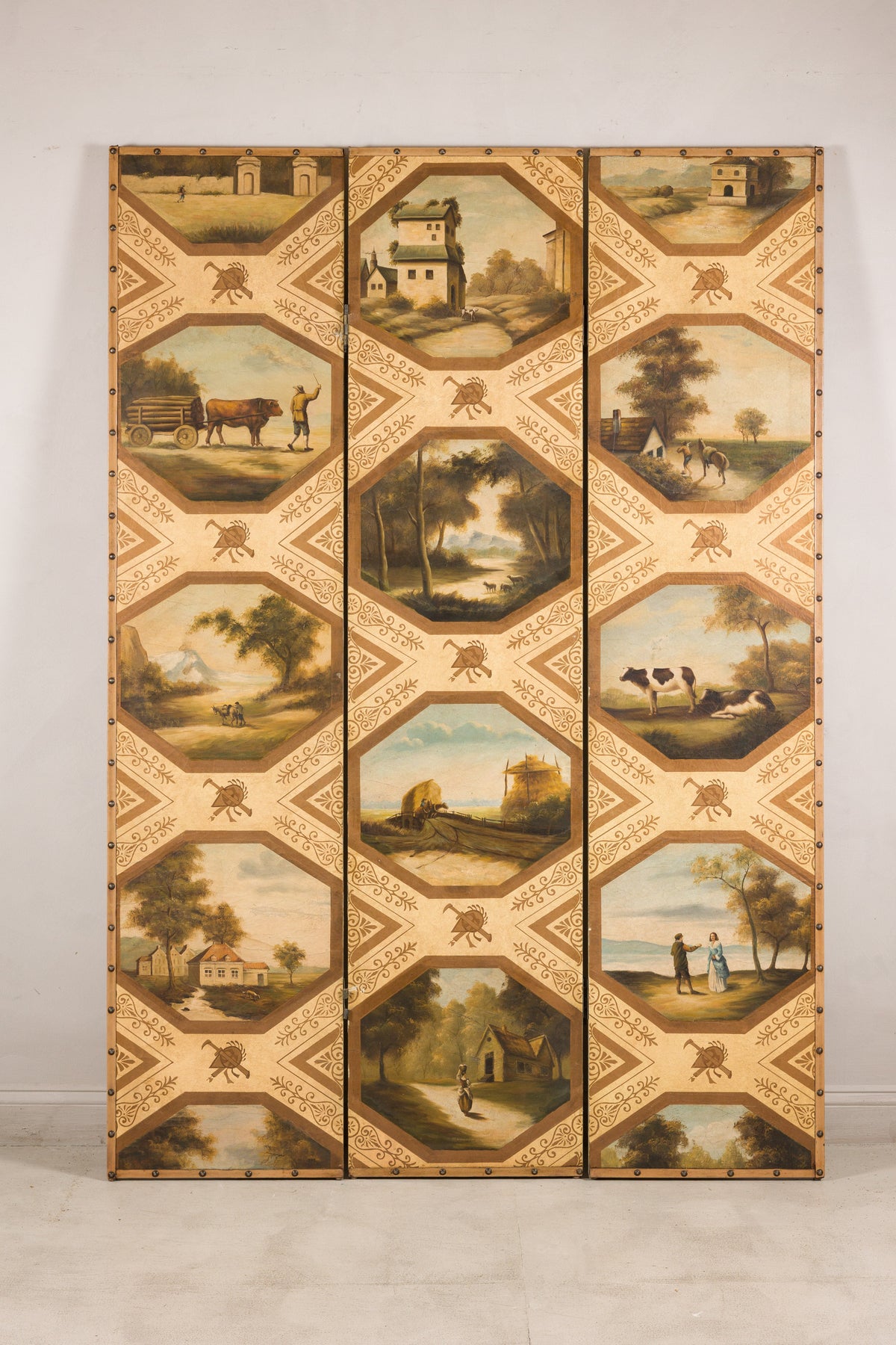 Vintage Chinese Three-Panel Painted Leather Screen, alternate angle