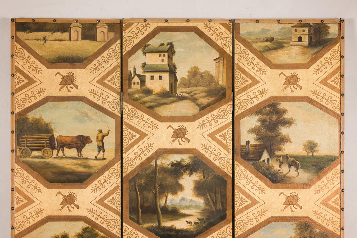 Vintage Chinese Three-Panel Painted Leather Screen, side view