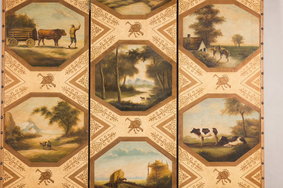 Vintage Chinese Three-Panel Painted Leather Screen, surface detail