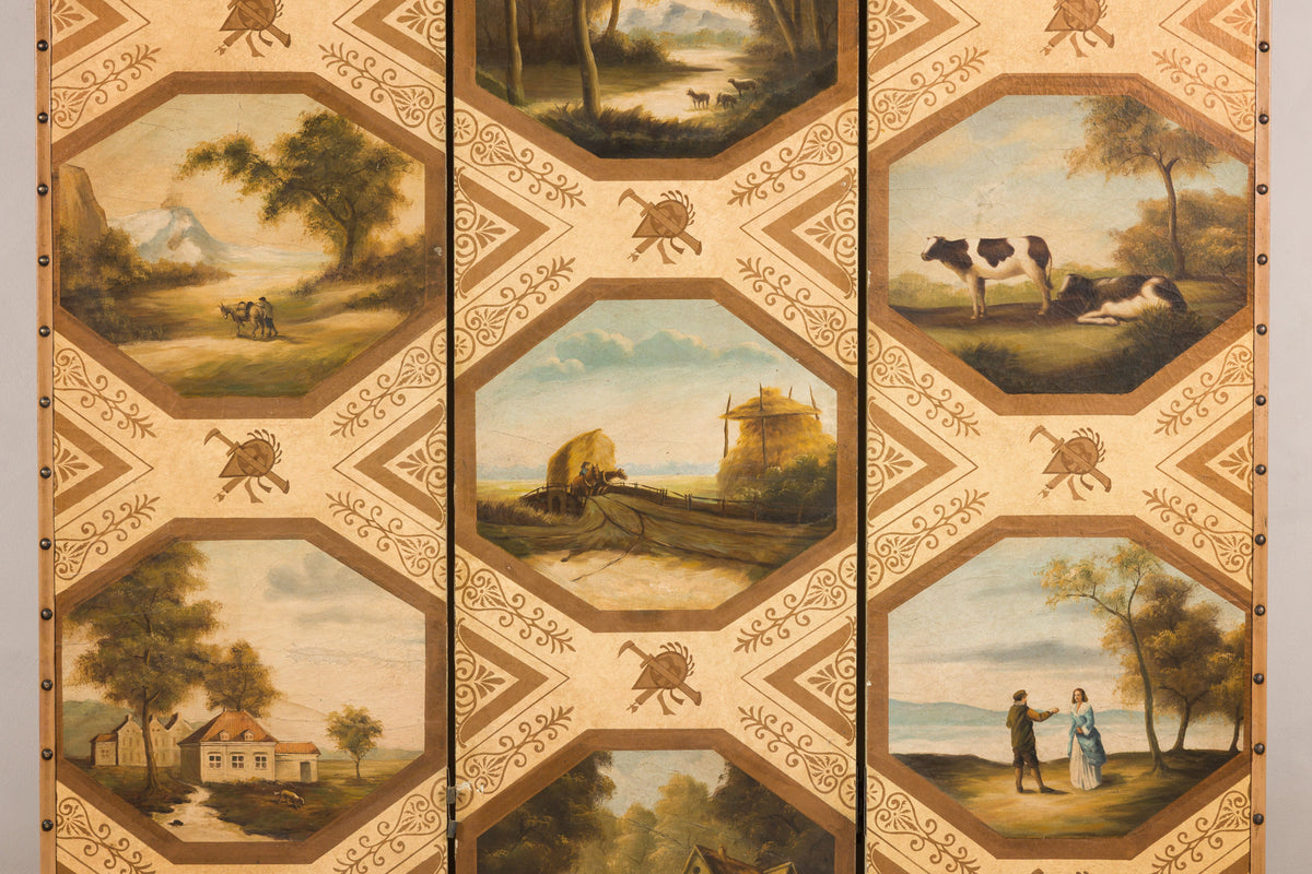 Vintage Chinese Three-Panel Painted Leather Screen, construction detail