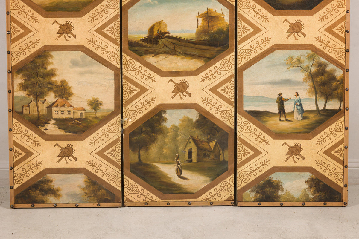 Vintage Chinese Three-Panel Painted Leather Screen, reverse view