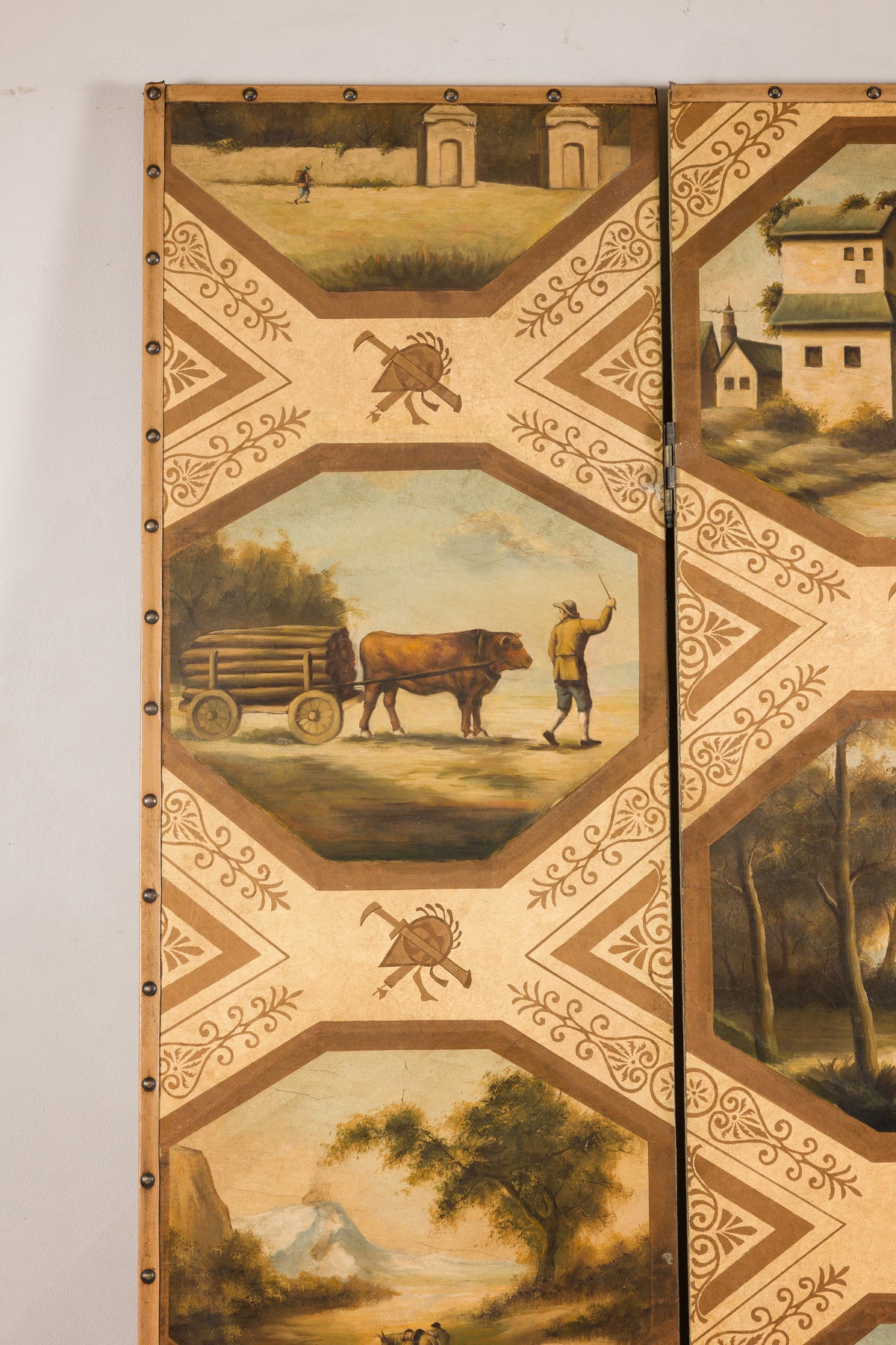 Vintage Chinese Three-Panel Painted Leather Screen, close-up detail