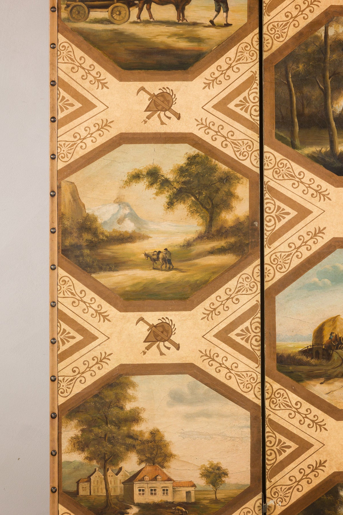 Vintage Chinese Three-Panel Painted Leather Screen, base detail