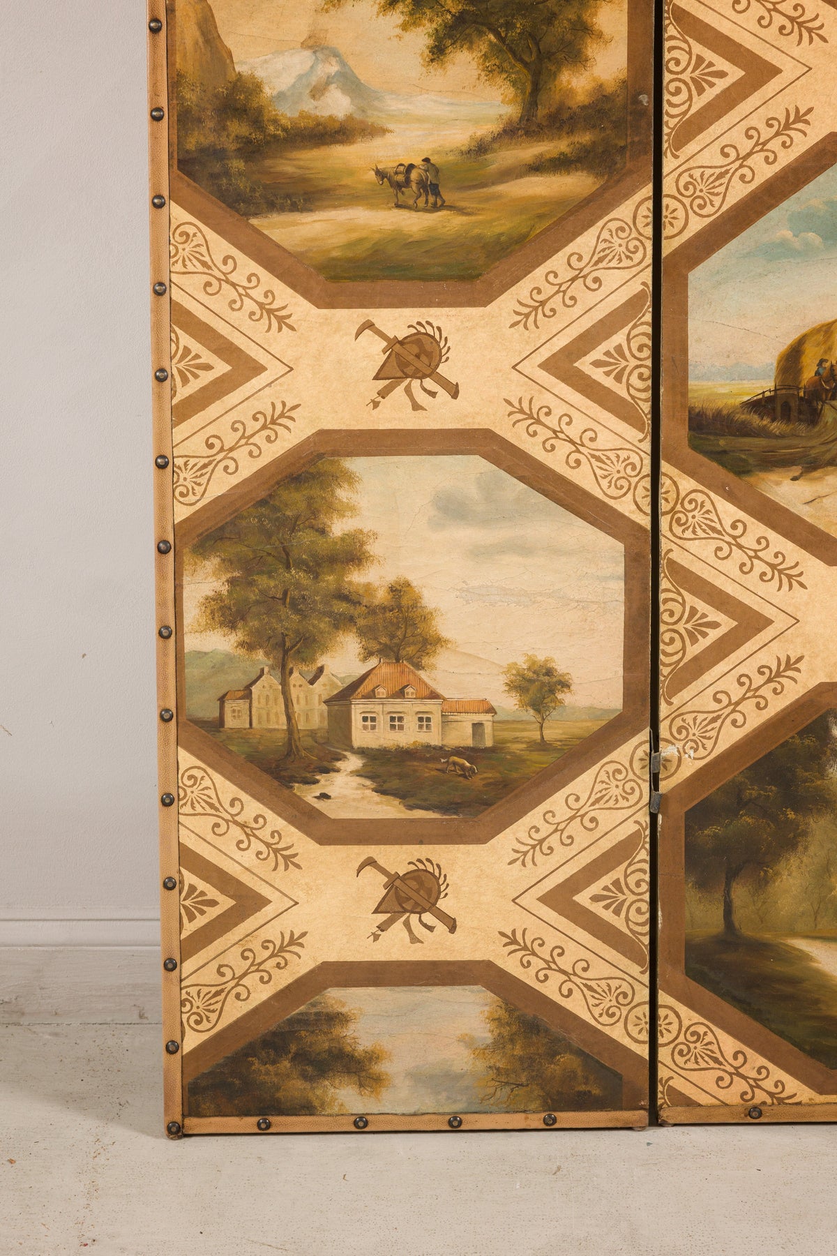 Vintage Chinese Three-Panel Painted Leather Screen, top detail