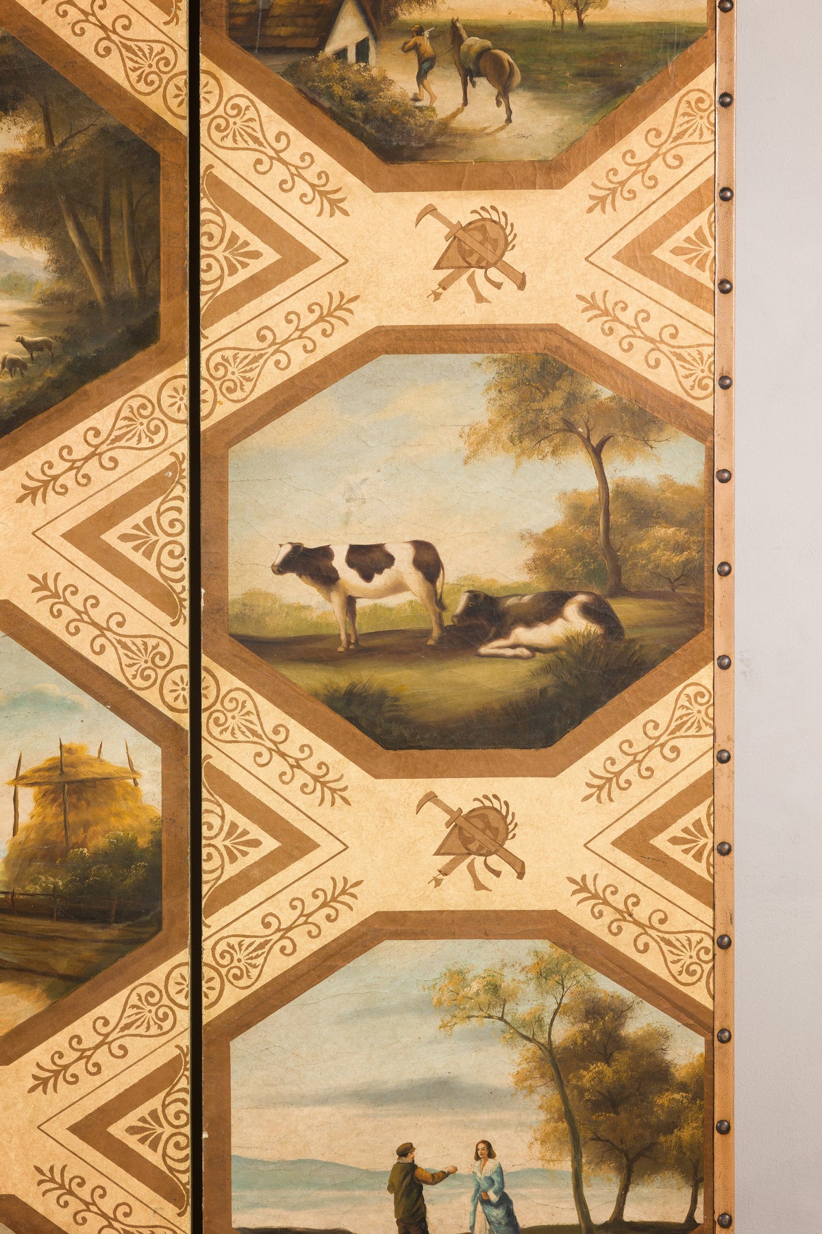 Vintage Chinese Three-Panel Painted Leather Screen, additional gallery view 14