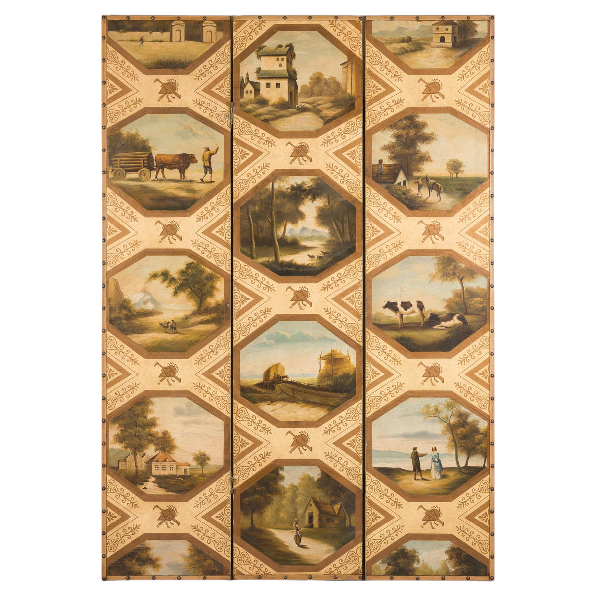 Vintage Chinese Three-Panel Painted Leather Screen, full object on a white background