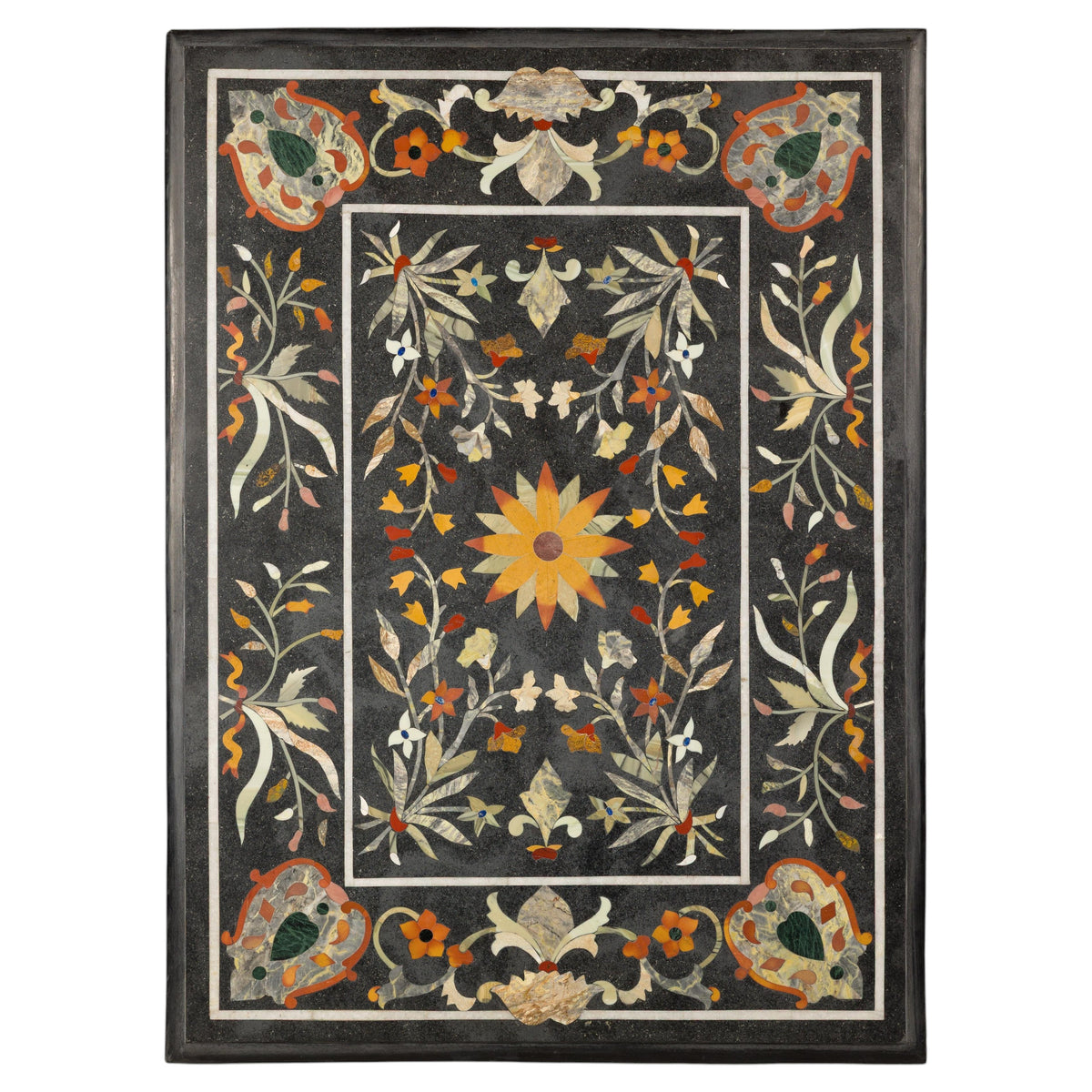 Vintage Pietra Dura Marble Tabletop with Floral Stone Inlay, top view