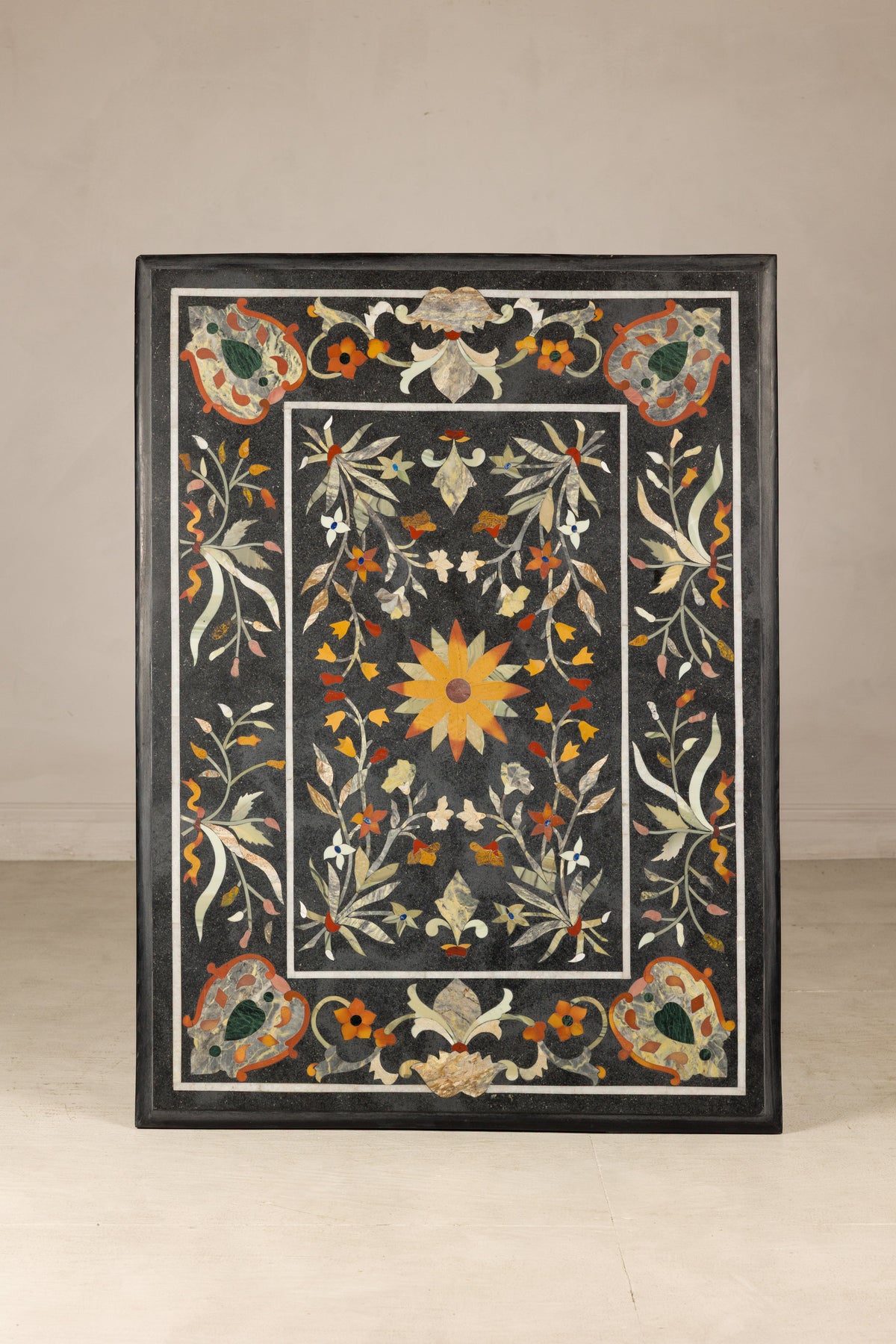 Vintage Pietra Dura Marble Tabletop with Floral Stone Inlay, top view