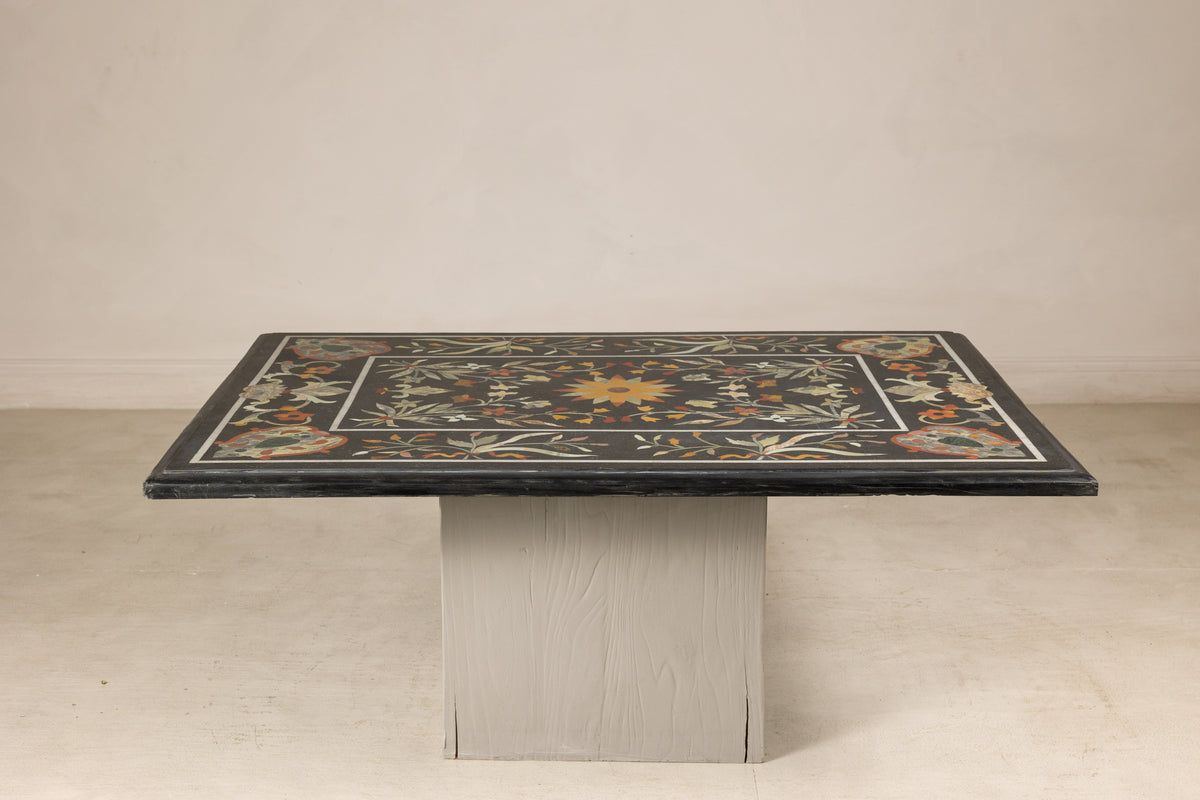 Vintage Pietra Dura Marble Tabletop with Floral Stone Inlay, top view