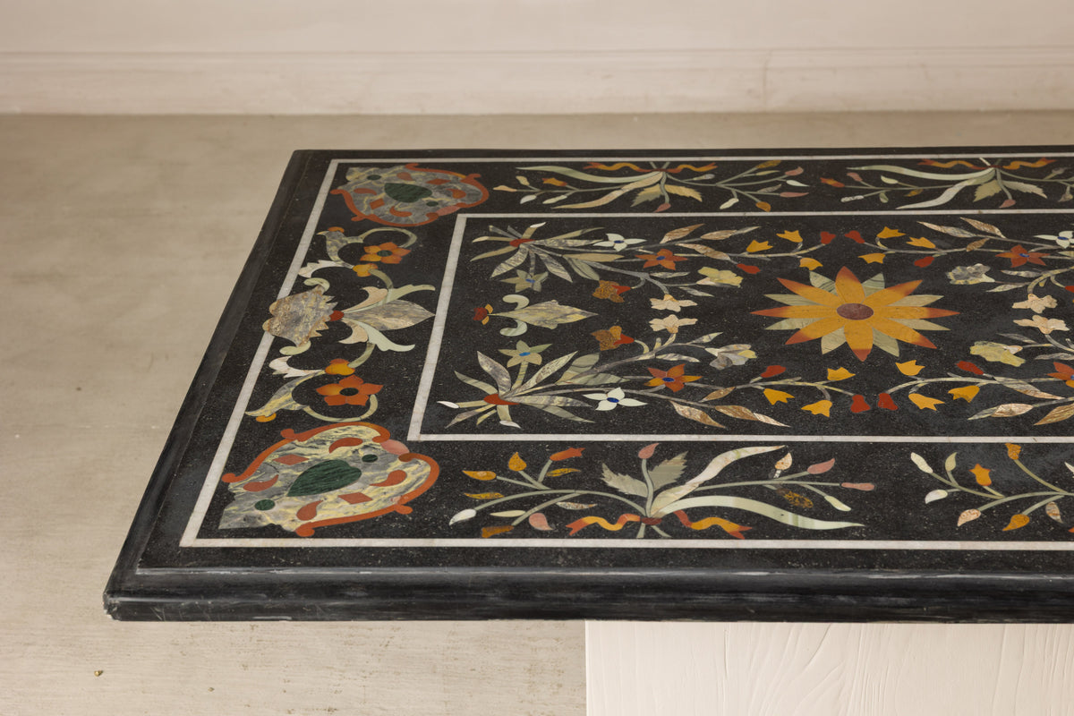 Vintage Pietra Dura Marble Tabletop with Floral Stone Inlay, top view