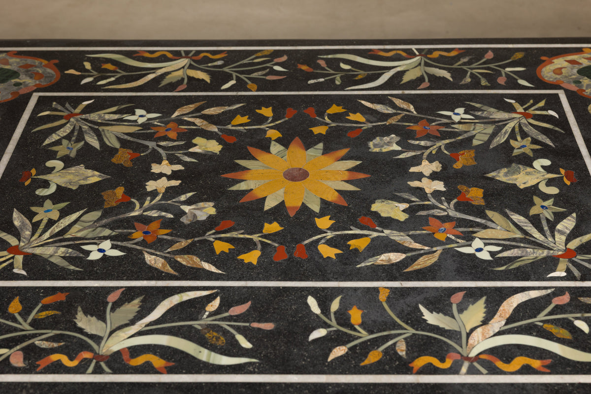 Vintage Pietra Dura Marble Tabletop with Floral Stone Inlay, top view