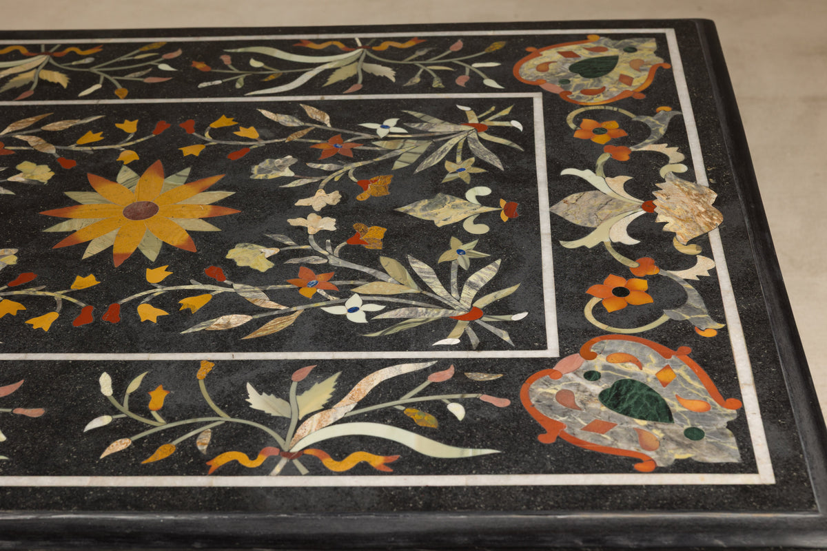 Vintage Pietra Dura Marble Tabletop with Floral Stone Inlay, top view