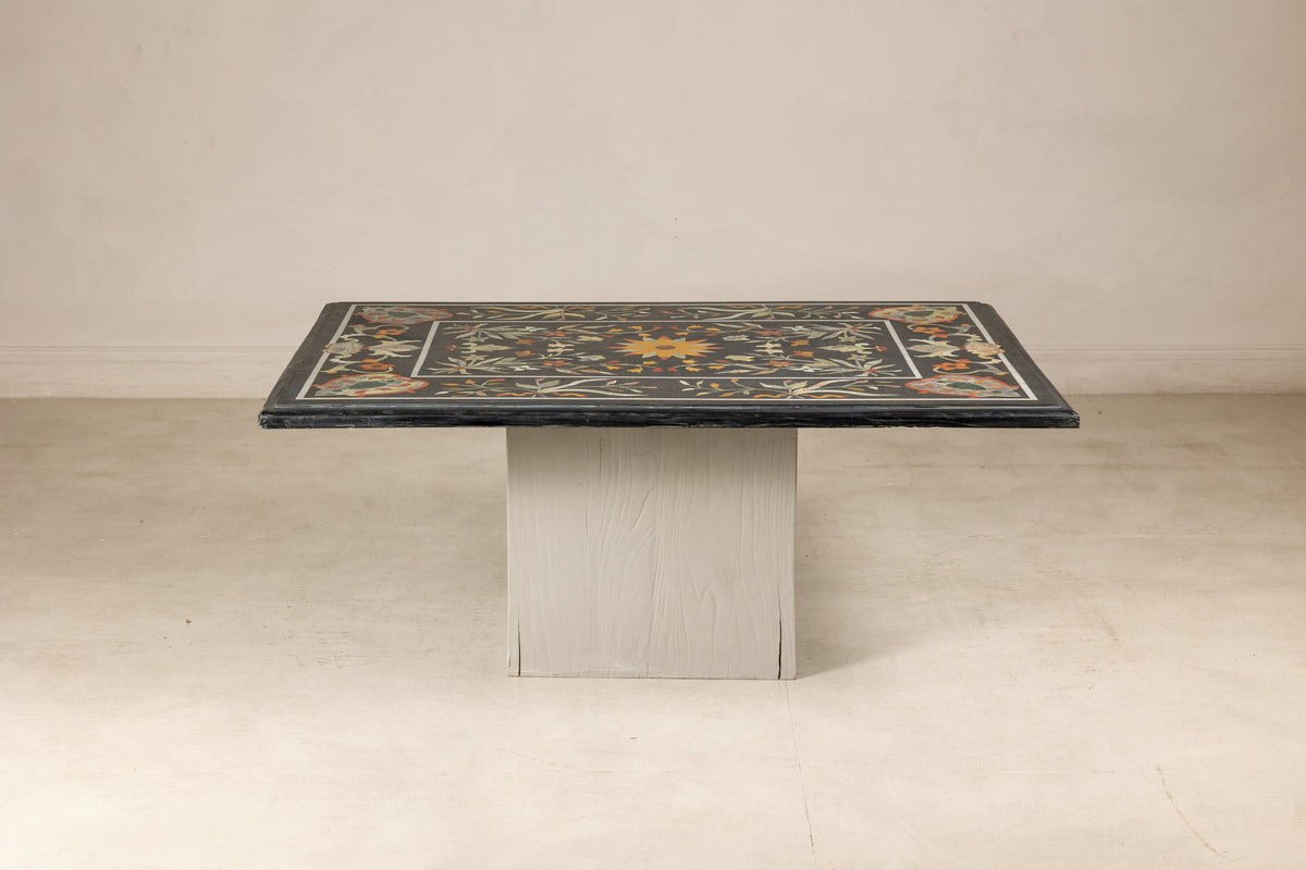 Vintage Pietra Dura Marble Tabletop with Floral Stone Inlay, top view