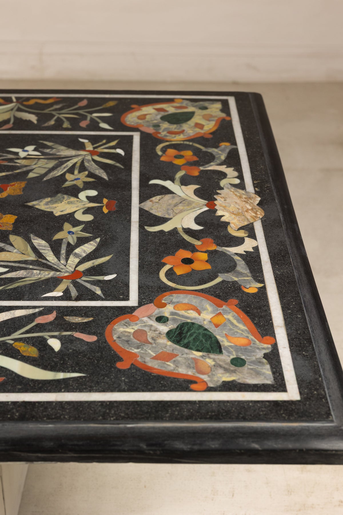 Vintage Pietra Dura Marble Tabletop with Floral Stone Inlay, top view