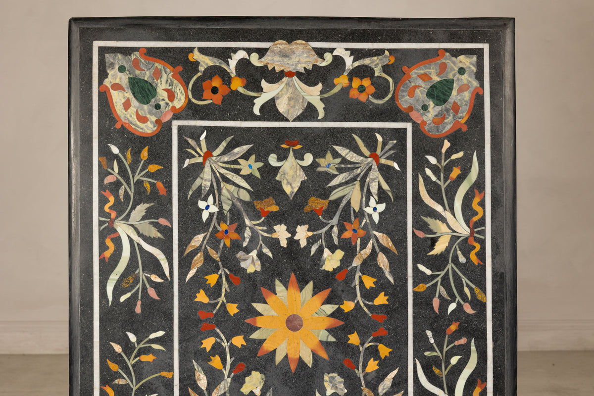 Vintage Pietra Dura Marble Tabletop with Floral Stone Inlay, top view