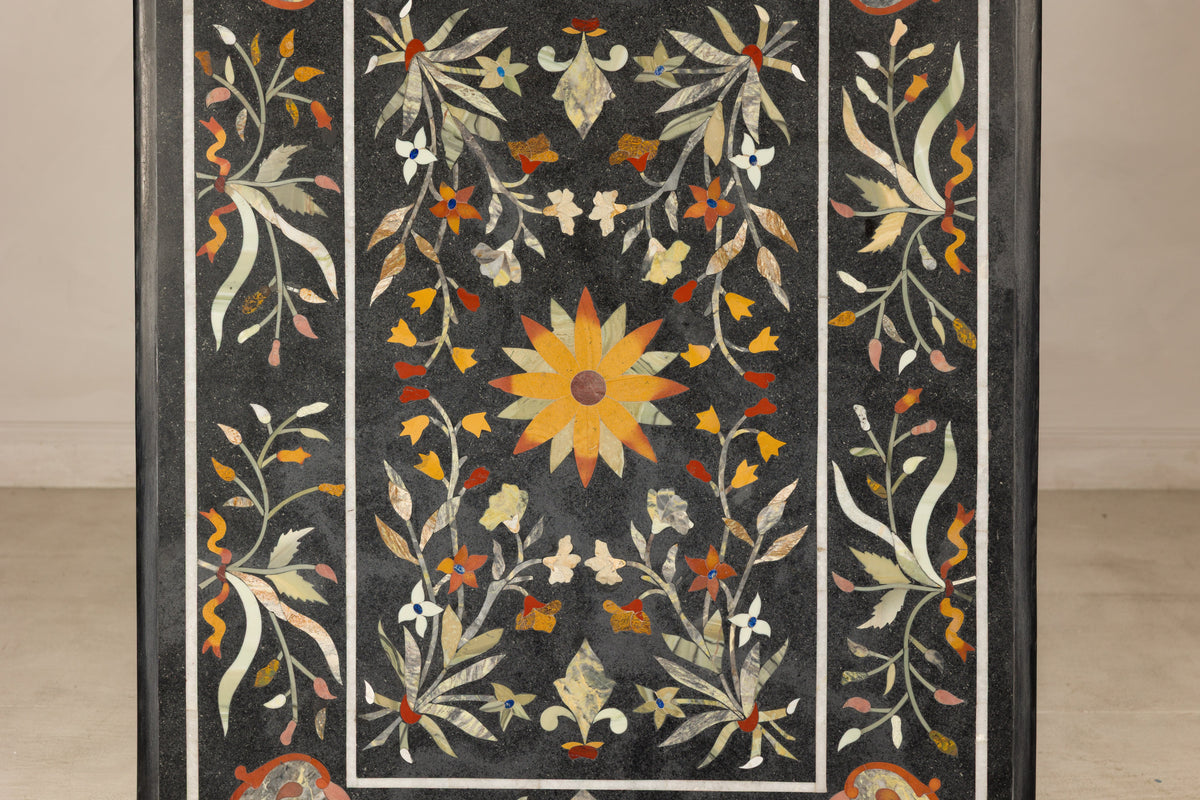 Vintage Pietra Dura Marble Tabletop with Floral Stone Inlay, top view