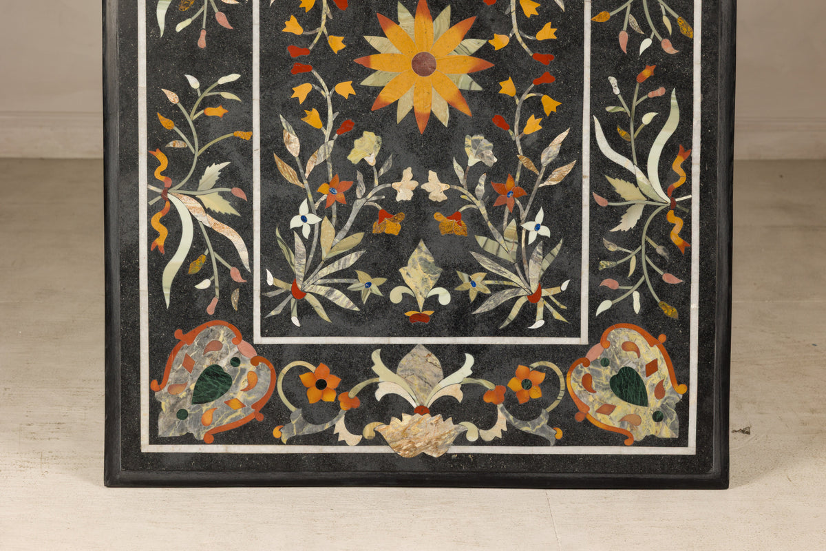 Vintage Pietra Dura Marble Tabletop with Floral Stone Inlay, top view
