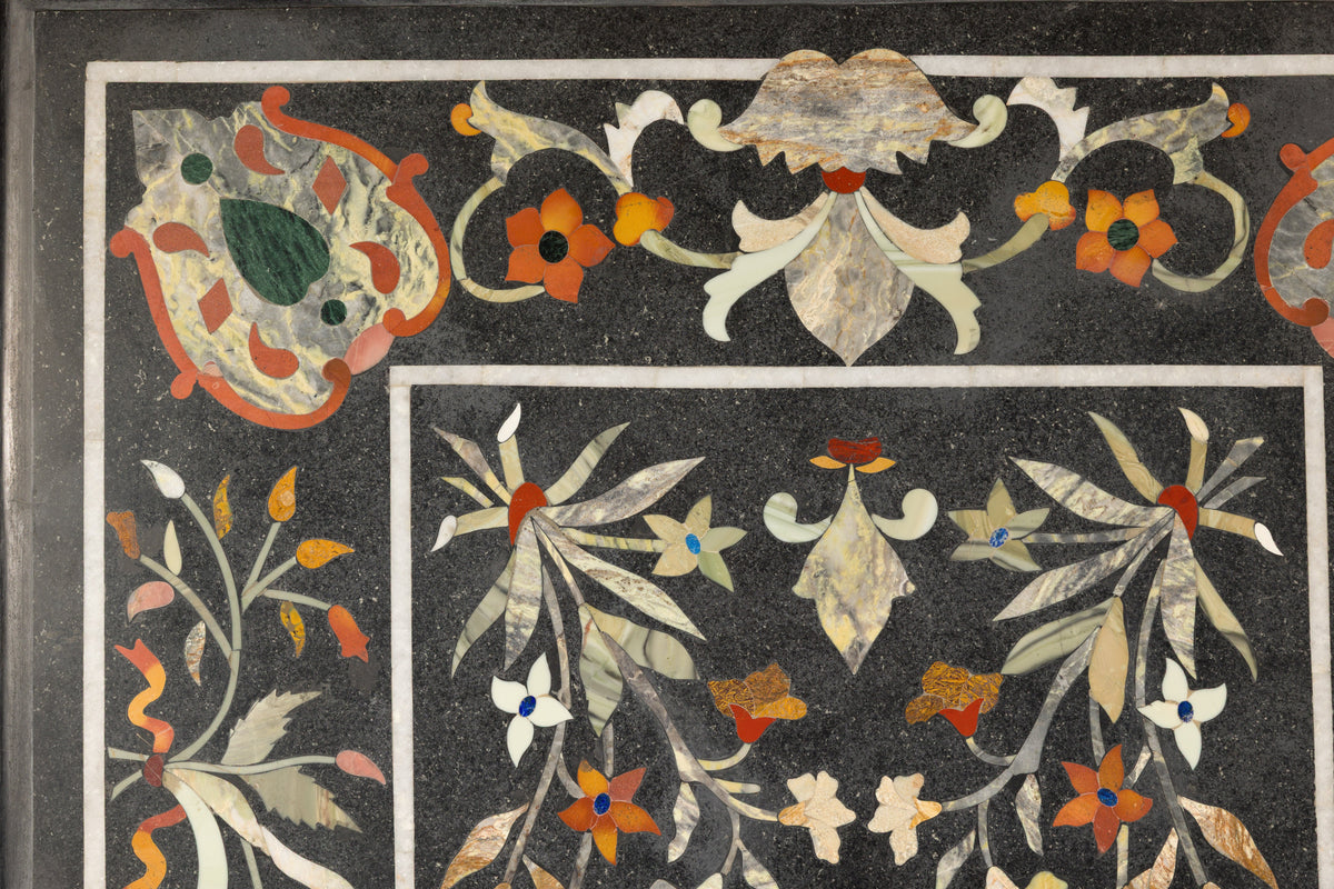 Vintage Pietra Dura Marble Tabletop with Floral Stone Inlay, top view