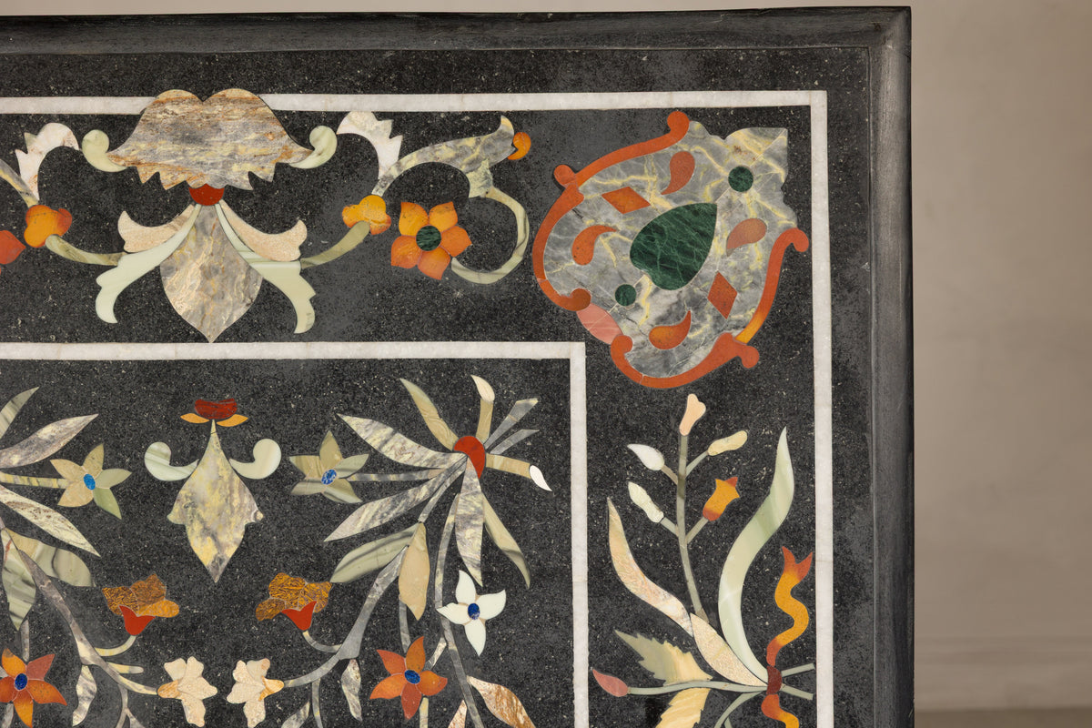 Vintage Pietra Dura Marble Tabletop with Floral Stone Inlay, top view