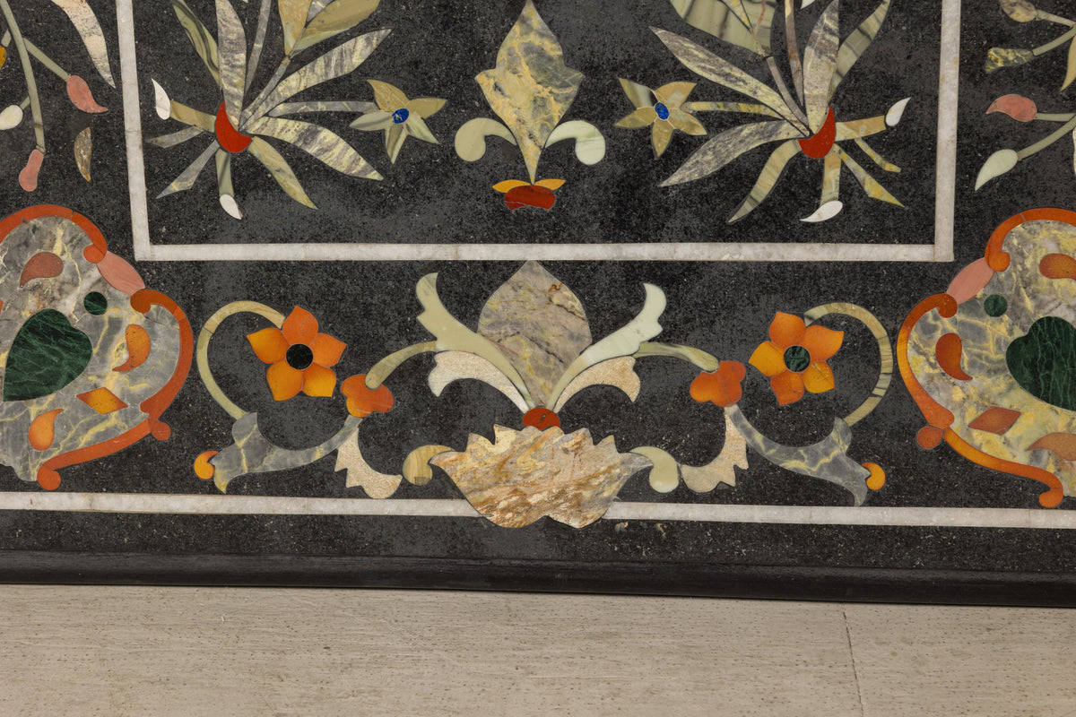 Vintage Pietra Dura Marble Tabletop with Floral Stone Inlay, top view