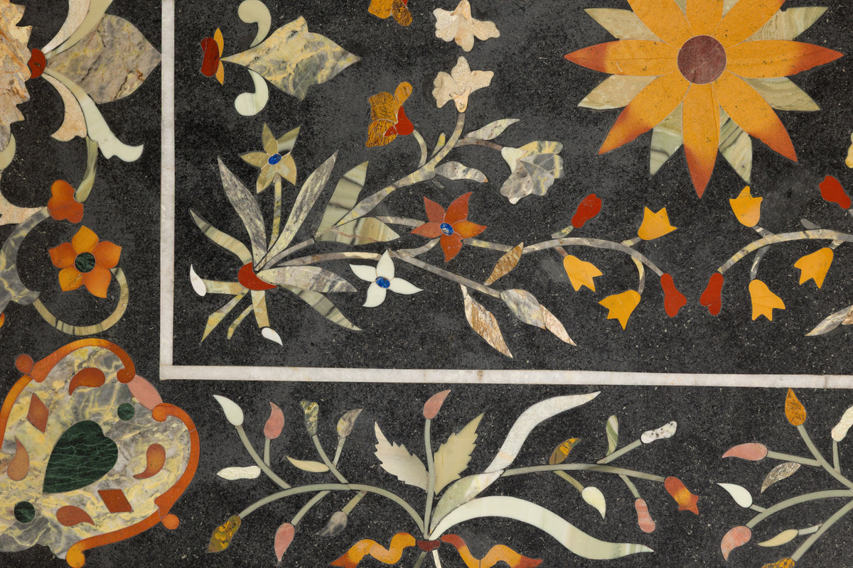 Vintage Pietra Dura Marble Tabletop with Floral Stone Inlay, top view