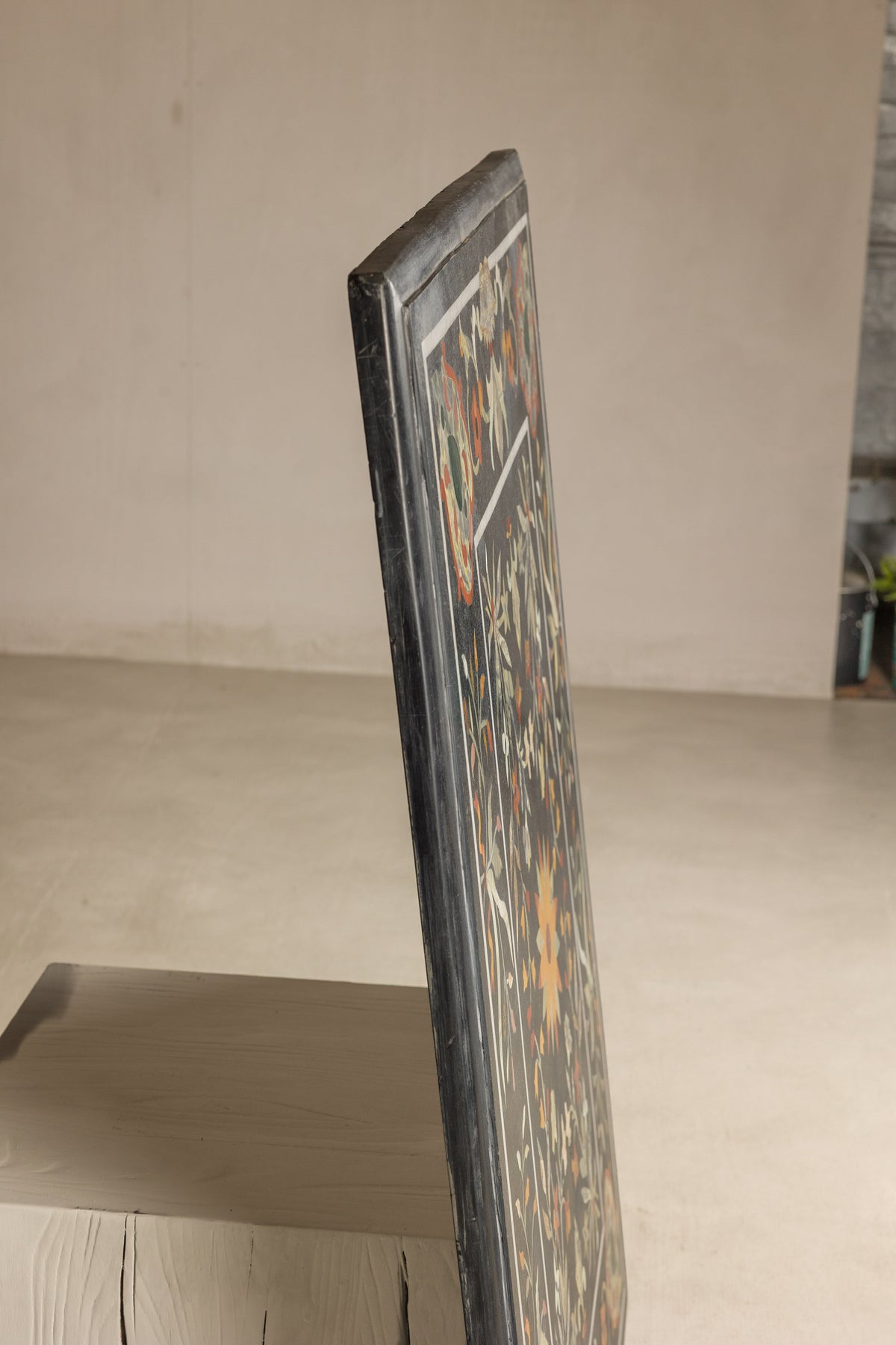 Vintage Pietra Dura Marble Tabletop with Floral Stone Inlay, top view