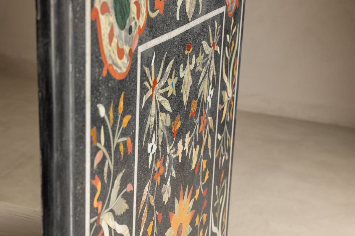 Vintage Pietra Dura Marble Tabletop with Floral Stone Inlay, top view