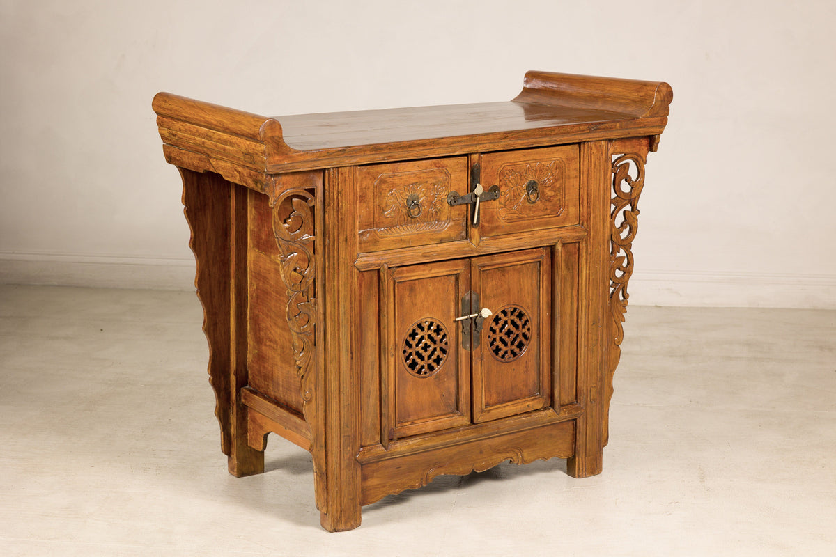 Late-19th-Century Chinese Carved Wood Altar Cabinet, base detail