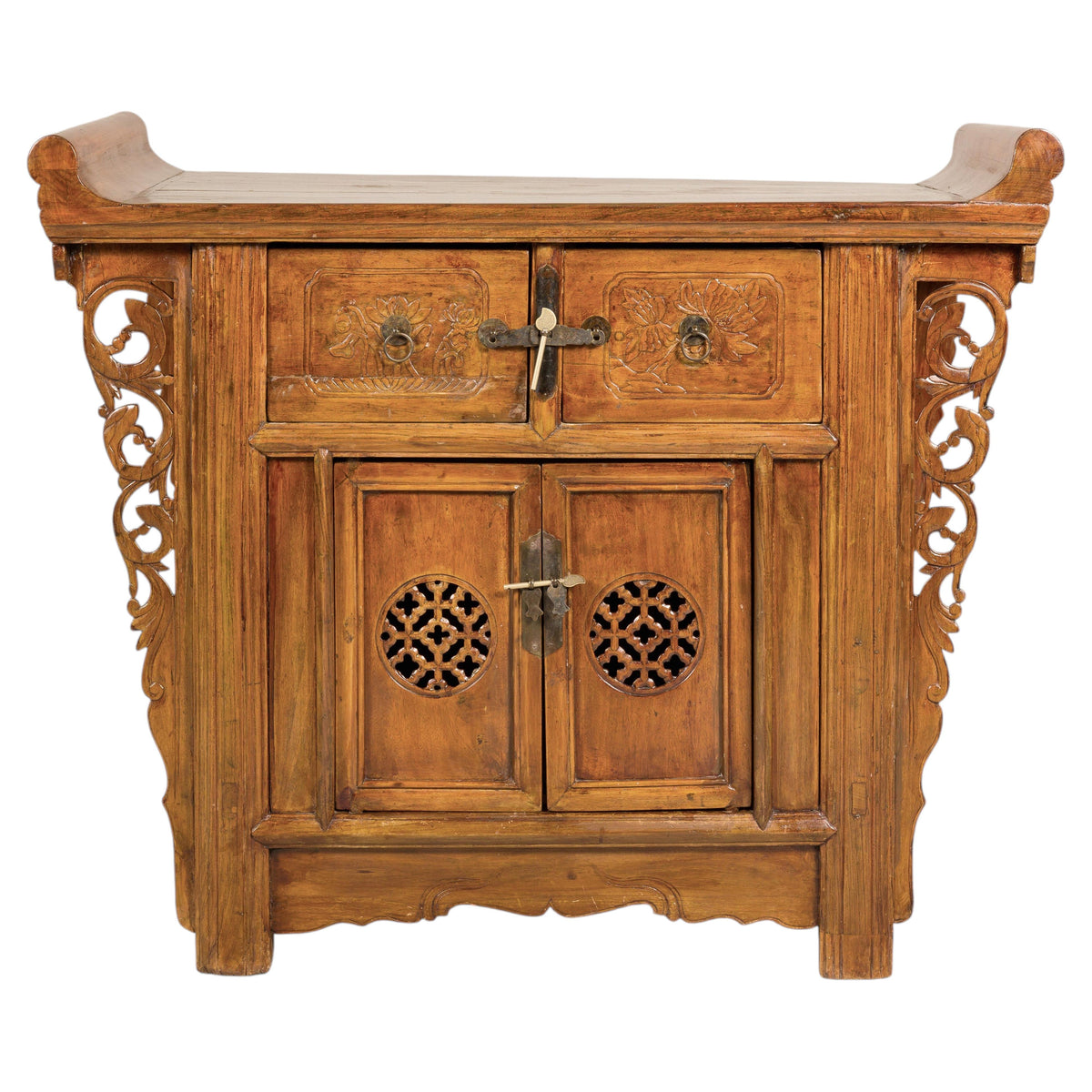 Late-19th-Century Chinese Carved Wood Altar Cabinet, full object on a white background