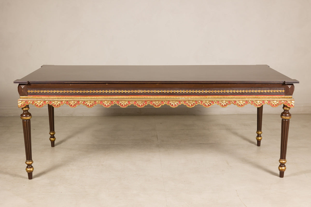 Large Indonesian Mahogany Center Table with Gilt Carved Apron, full gallery view