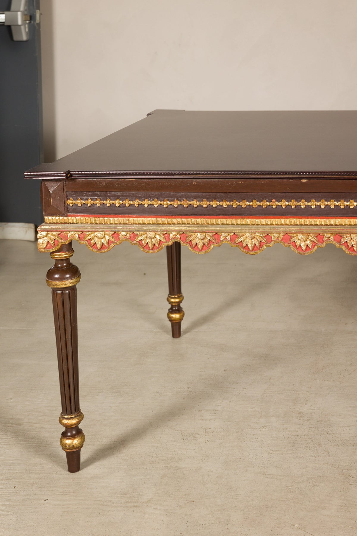Large Indonesian Mahogany Center Table with Gilt Carved Apron, alternate angle
