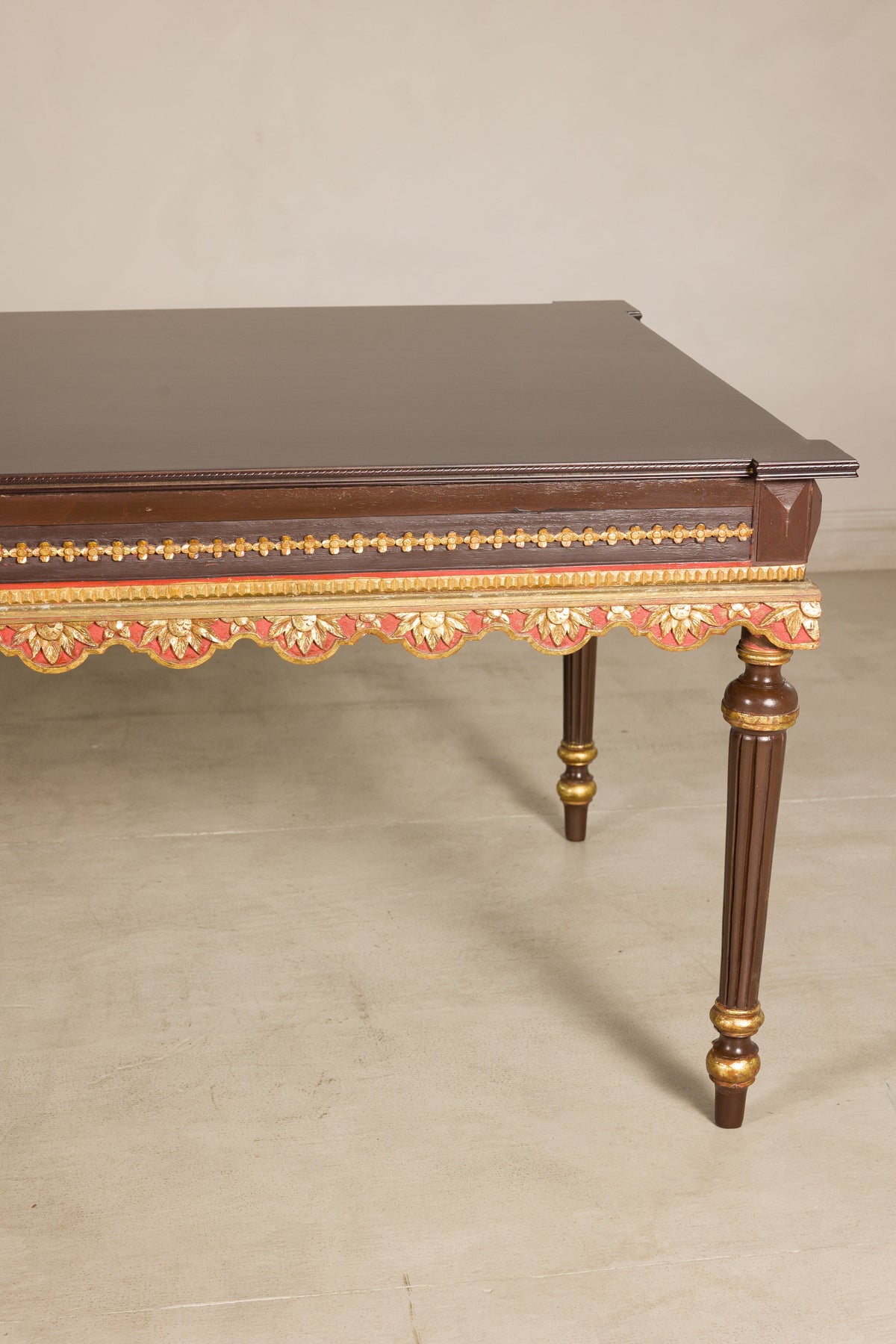 Large Indonesian Mahogany Center Table with Gilt Carved Apron, side view