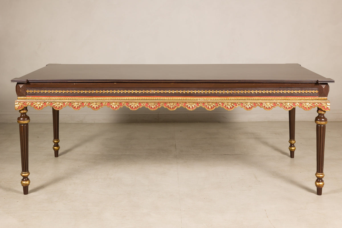 Large Indonesian Mahogany Center Table with Gilt Carved Apron, surface detail