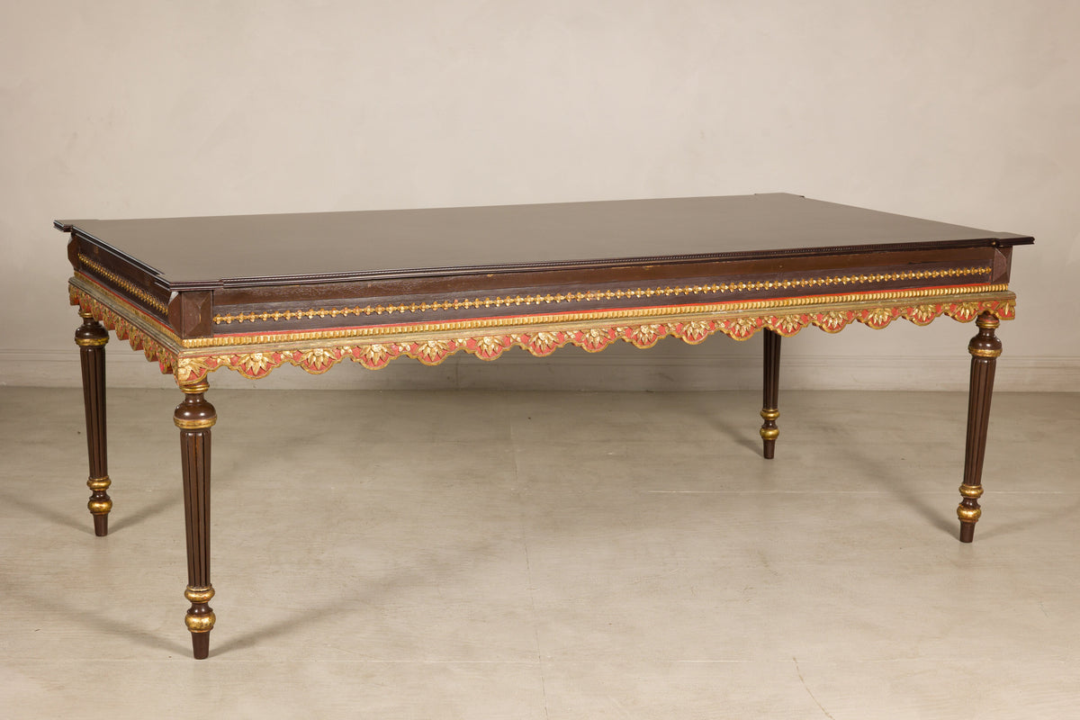 Large Indonesian Mahogany Center Table with Gilt Carved Apron, base detail