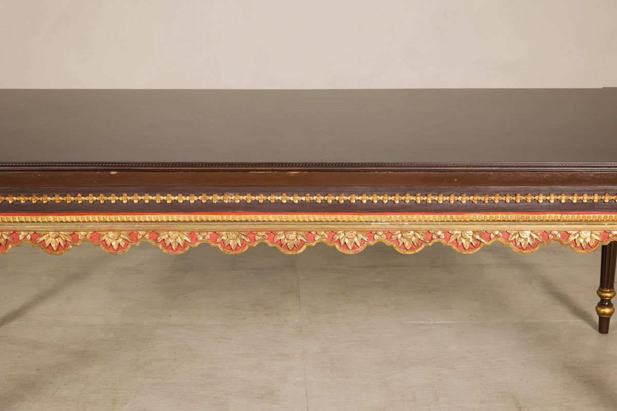 Large Indonesian Mahogany Center Table with Gilt Carved Apron, top detail