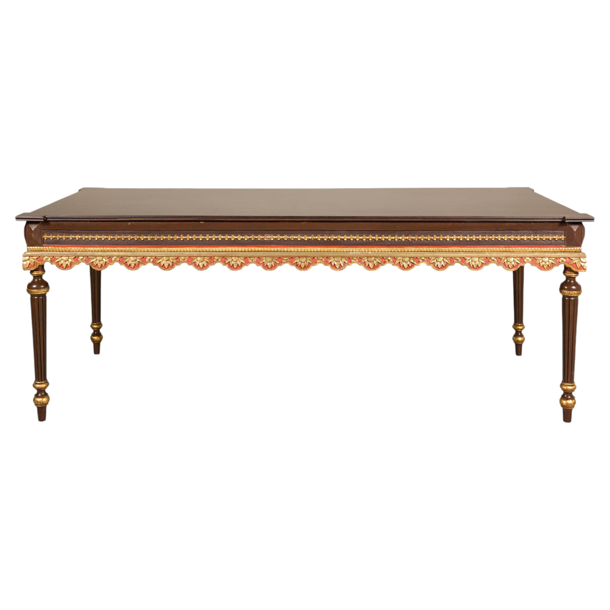 Large Indonesian Mahogany Center Table with Gilt Carved Apron, full object on a white background