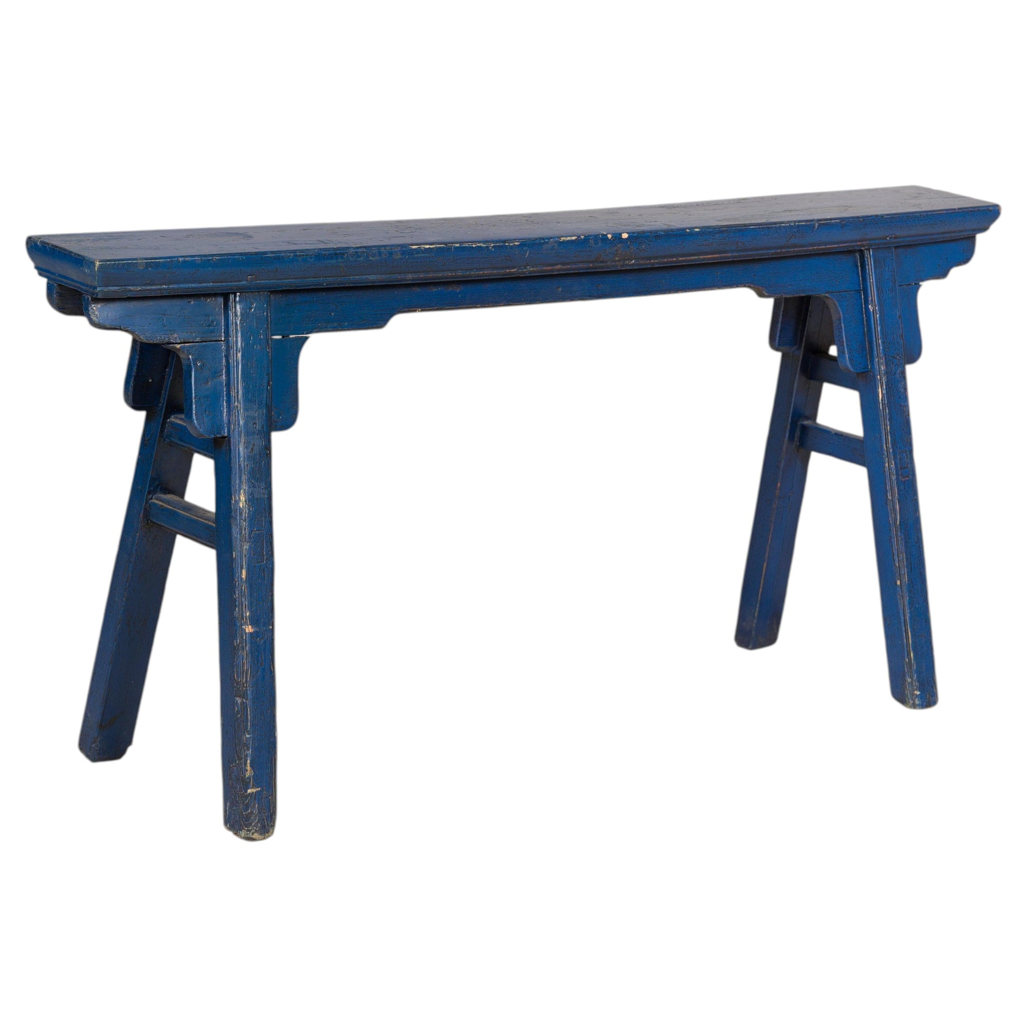 Blue painted wood narrow bench on white background