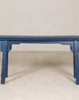 Blue painted wood narrow bench front view