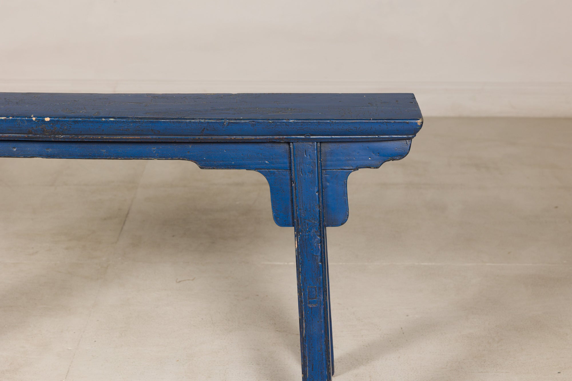Blue painted wood narrow bench reverse angle