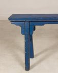 Blue painted wood narrow bench back view