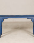 Blue painted wood narrow bench close-up detail