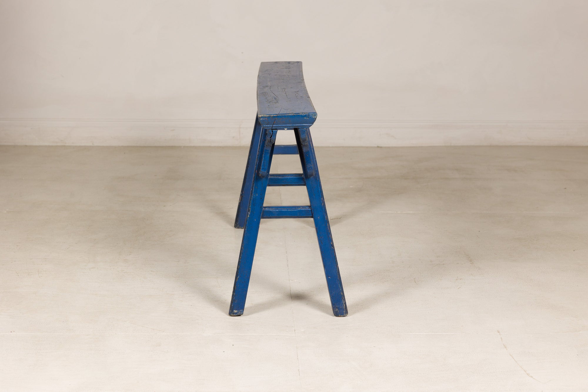 Blue painted wood narrow bench alternate view