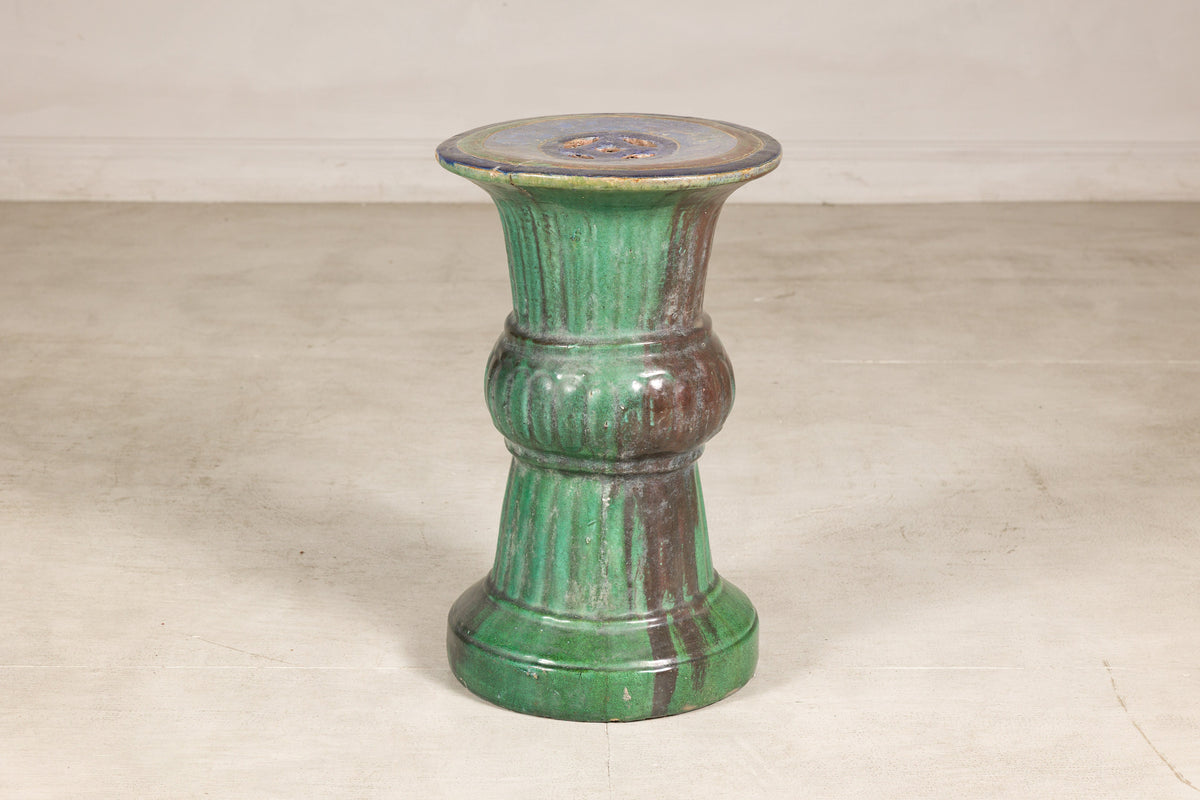 Circa-1900 Vietnamese Green-Glazed Ceramic Garden Pedestal, full gallery view